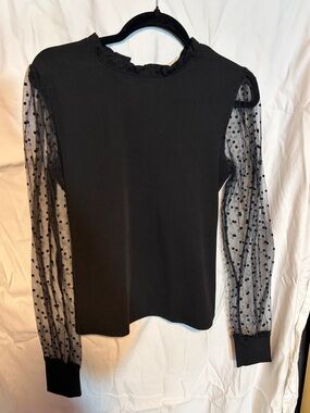 Blooming Jelky, Women’s mock neck black blouse with mesh sleeves & key hole back